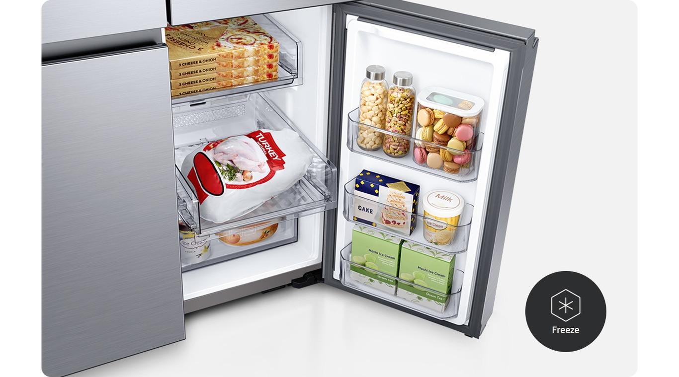 The bottom right door of a fridge is open with frozen foods organized neatly. At right is a Freeze icon.