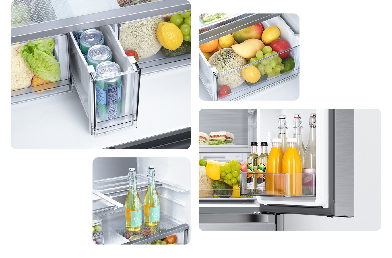 Cans are organized in a dedicated can storage. A Big Veg Box is full of fruit. The Door Bin holds two big juice containers. Tall wine bottles stand upright in the fridge with the upper shelf slid in.
