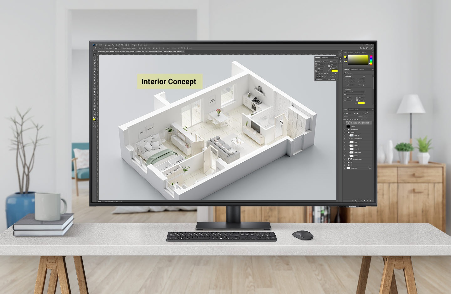 The monitor's design work screen gradually increases from 27" to 32" and 43". The screen is divided into 2, 3, and 4 divisions, and different jobs are executed in each window.