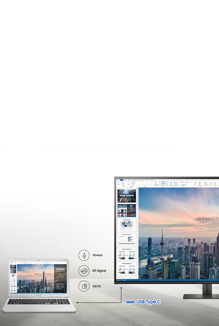 A line between a laptop and monitor represents the USB Type-C connection. Icons represent Power, DP Signal, and Data.
