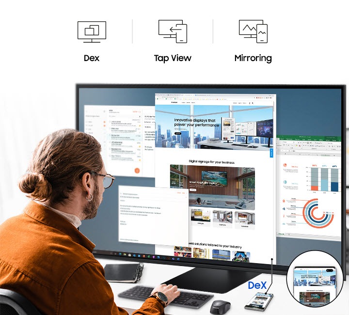 A man connects a smartphone to his monitor using wireless DeX. At the top are the DeX, Tap View, and Mirroring icons.