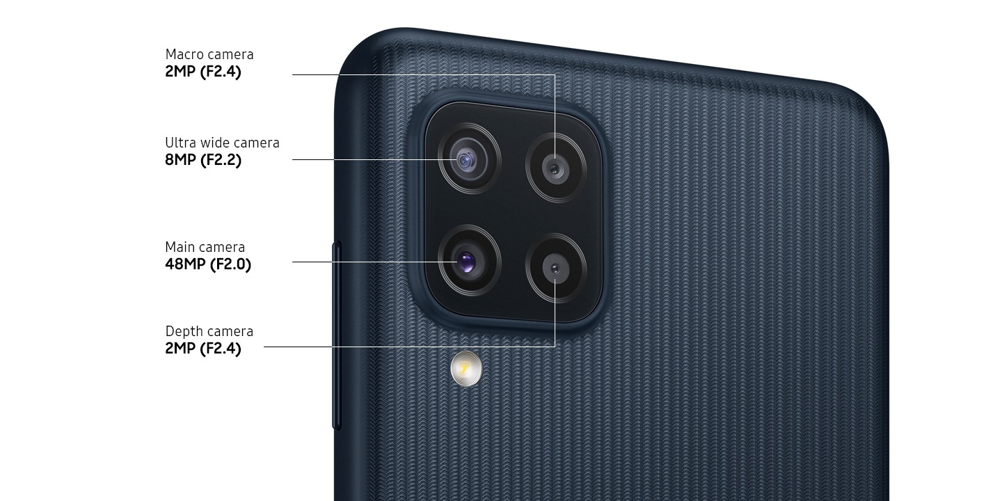 صورة مقربة للكاميرا الرباعية على الطراز الأسود ، تظهر الكاميرا الرئيسية F2.0 بدقة 48 ميجابكسل ، وكاميرا F2.2 8 ميجابكسل فائقة الاتساع ، وكاميرا بعمق F2.4 بدقة 2 ميجابكسل ، وكاميرا ماكرو F2.4 بدقة 2 ميجابكسل.