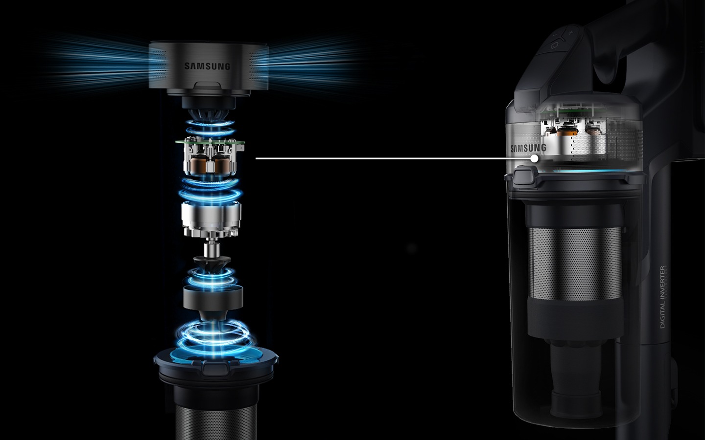 Parts of the Digital Inverter Motor that produce a strong suction power of the VS6700 are shown in a row.