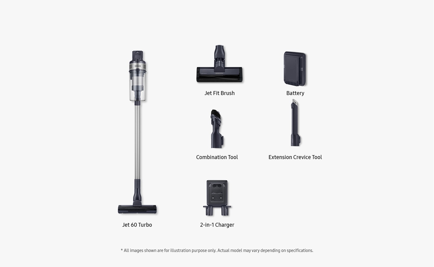 Items included inbox shown: Jet 60 Turbo, jet fit brush, battery, combination tool, extension crevice tool and 2-in-1 charger. All images shown are for illustration purpose only. Actual model may vary depending on specifications.