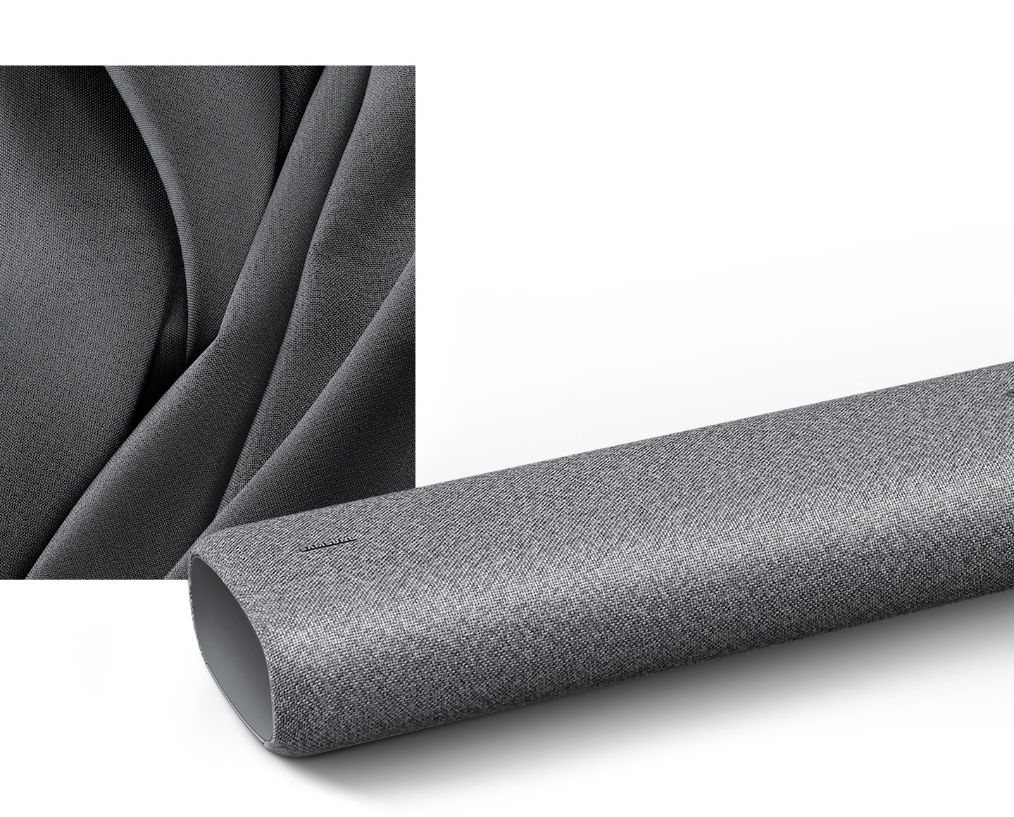 Closeup image of dark fabric material illustrates premium fabric design of S50A soundbar which is shown in front with Samsung logo visible.