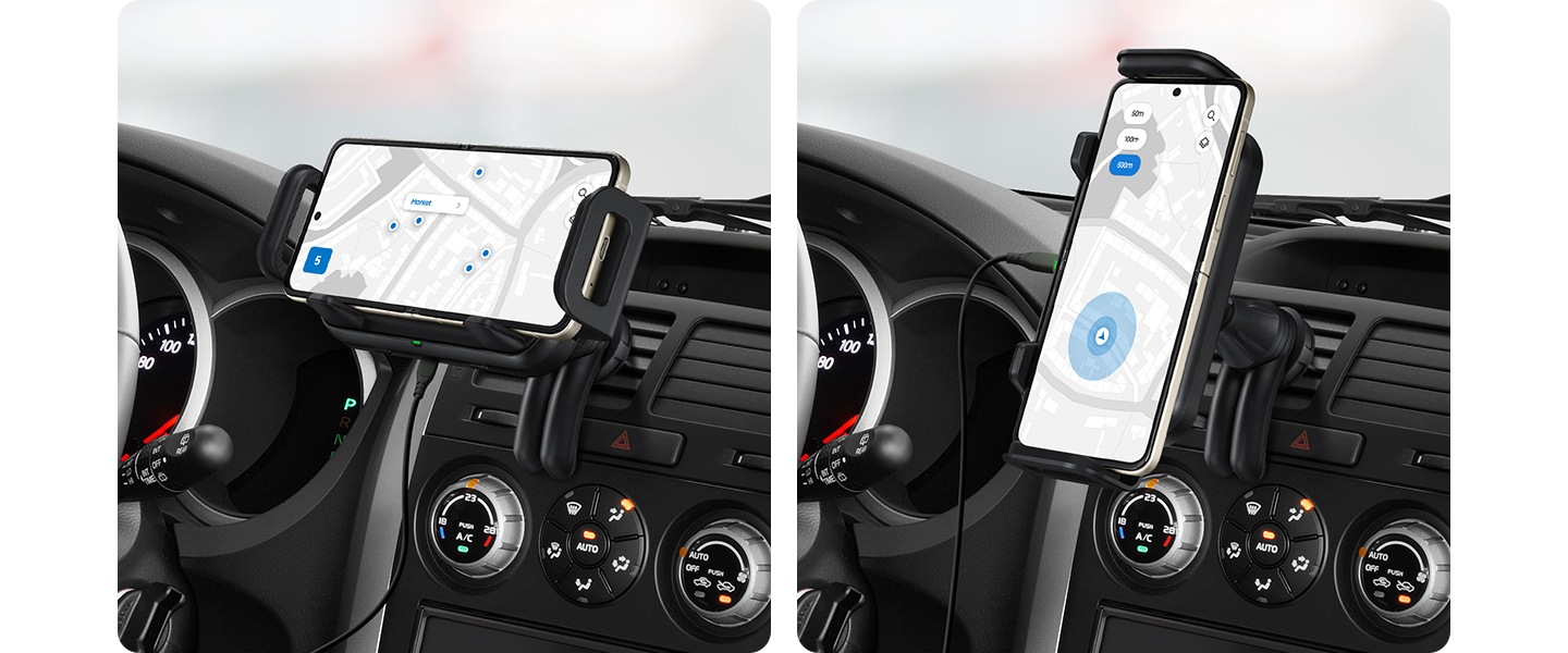 Two smartphones are mounted horizontally and vertically to the wireless car charger respectively. Both have a navigation app open.