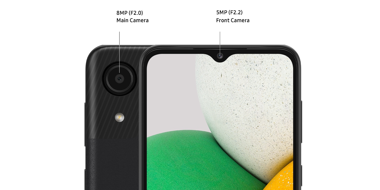 Two Galaxy A03 Cores' tops are visible. The one facing the front shows 5MP F2.2 Front Camera and the one facing backwards is pointing 8MP F2.0 Main Camera.