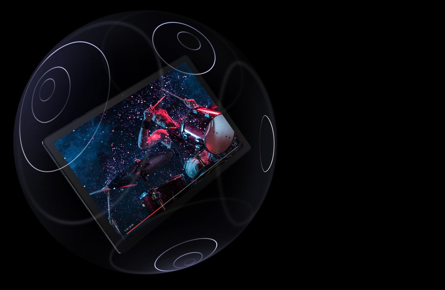 Galaxy Tab A8 is shown floating inside a transparent sphere that has concentric circles marked on its surface. Screen shows a man playing drums, with a progress bar at the bottom.