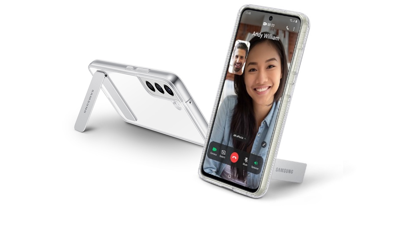 Two Galaxy S22 plus phones, both with the Clear Standing Cover installed. One is seen from the rear and one is seen from the front, both with the Free Stop Hinges out to show the different angles the phone can be propped up at.