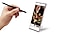 A hand holds S Pen next to Galaxy S22 Ultra, viewed from the front with a video call onscreen, and Clear Standing Cover is installed.