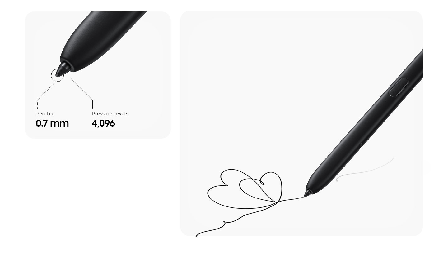 A close up of S Pen's tip, 0.7mm and 4,096 Pressure Levels. S Pen draws heart shapes.