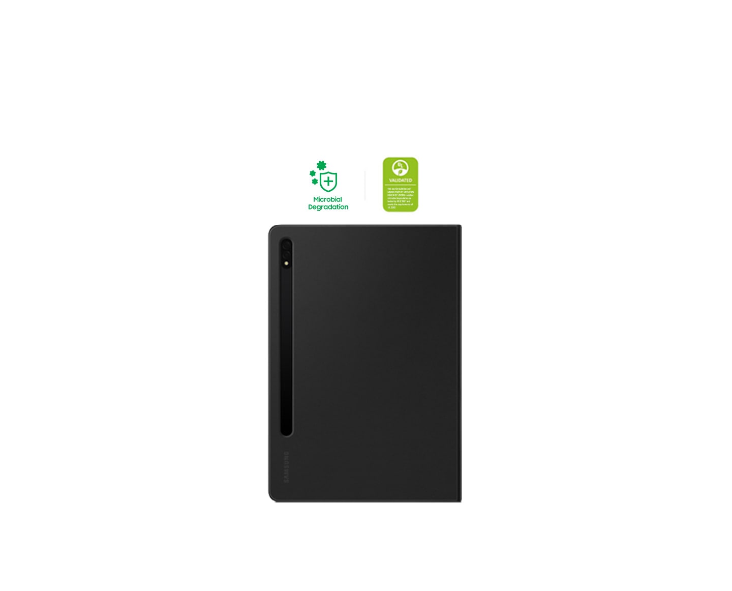 Tab S8 Note View Cover shown. Placed side by side on top are an icon representing †Antimicrobial Coating’ and the UL Environmental Claim Validation icon.