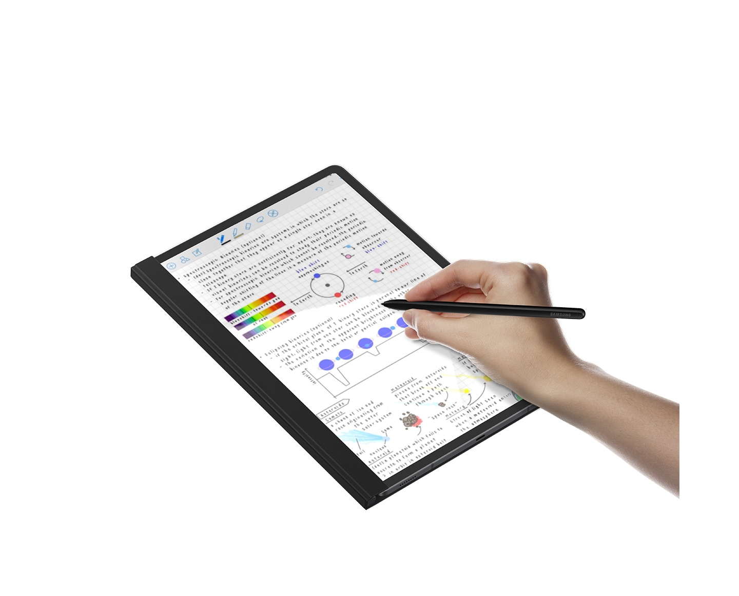 A Galaxy Tab S8+ device in a Tab S8+ Note View Cover shown with a person's hand writing notes using an S Pen.