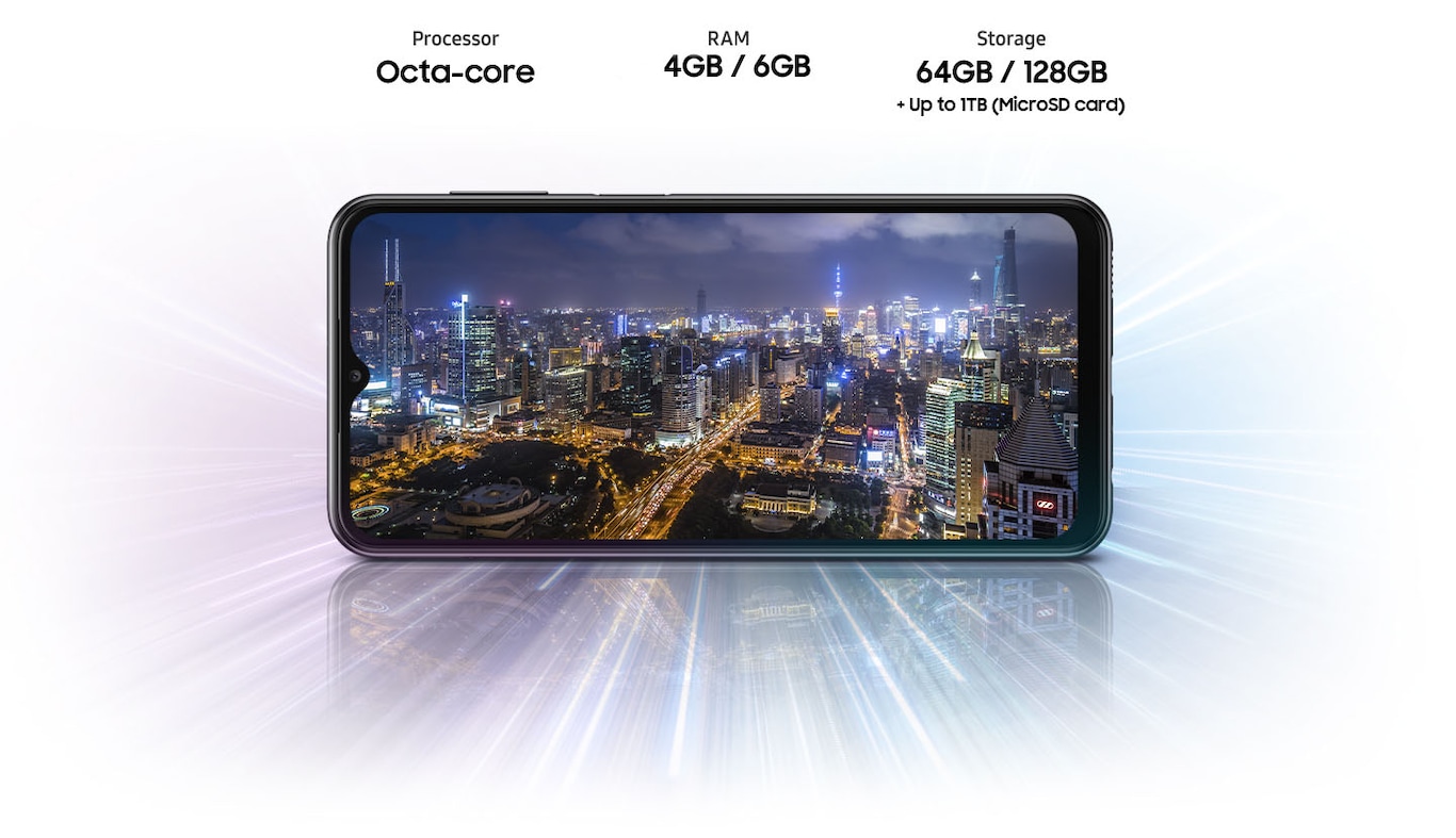 Le Galaxy A23 affiche une vue nocturne de la ville, indiquant que l'appareil offre un processeur Octa-core, 4 Go/6 Go/8 Go de RAM, 64 Go/128 Go avec jusqu'à 1 To de stockage.