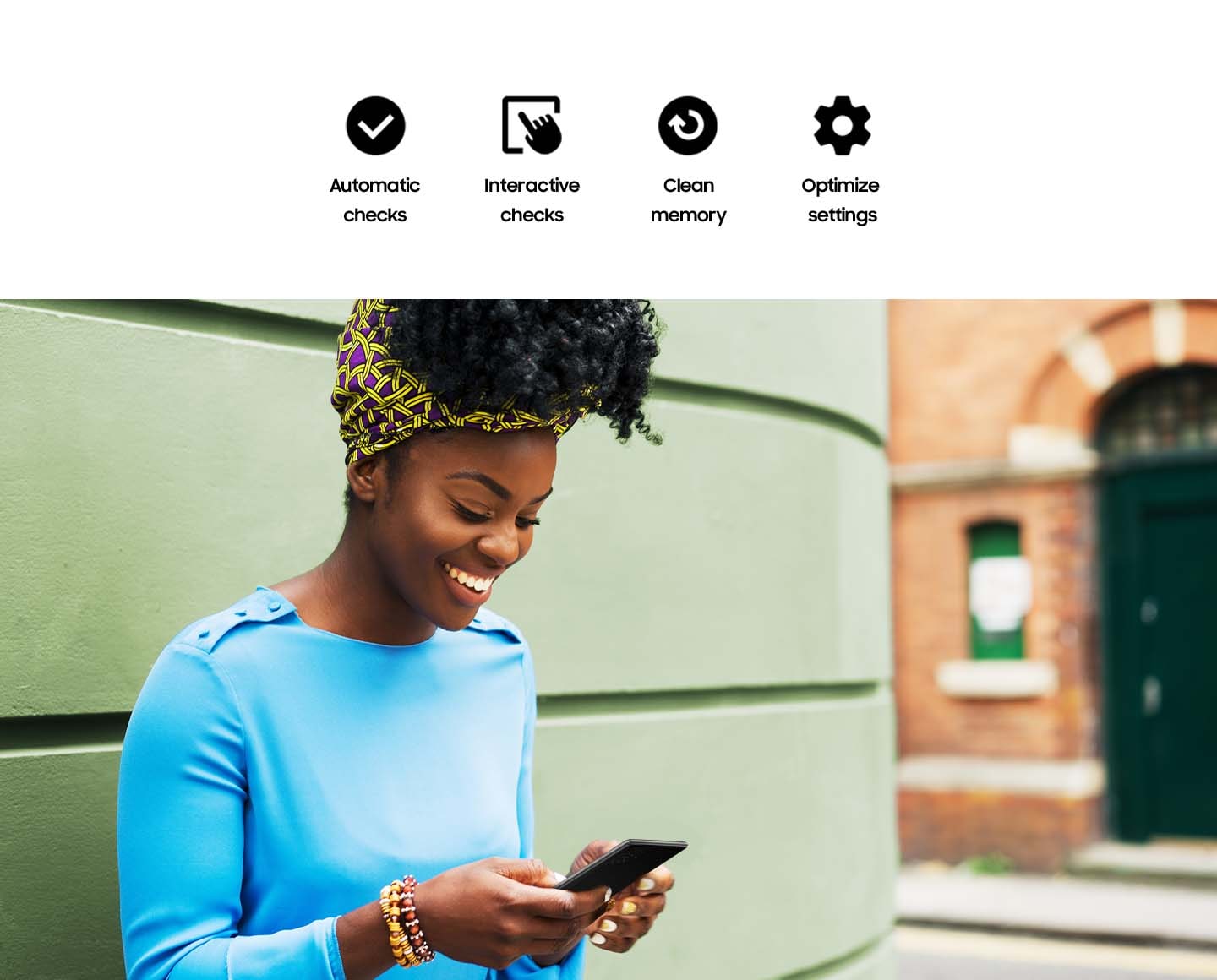 A woman, smiling, is using her Galaxy device. Above, text reads Automatic checks, Interactive checks, Clean memory and Optimize settings.