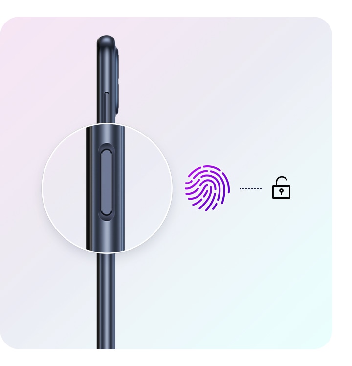 A side profile of the Galaxy M33 5G is shown, with the fingerprint sensor enlarged and magnified. Right by the sensor, a fingerprint icon and an unlock icon are shown with a short dotted line between them.