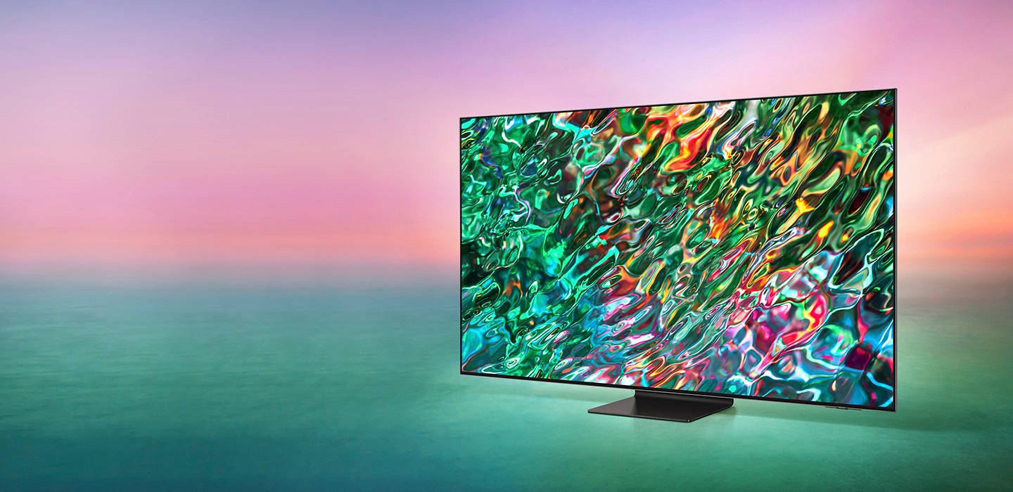 يعرض QN90B رسومات ملونة ممزوجة بشكل معقد تظهر ألوانًا تدوم طويلاً لتقنية Quantum Dot.