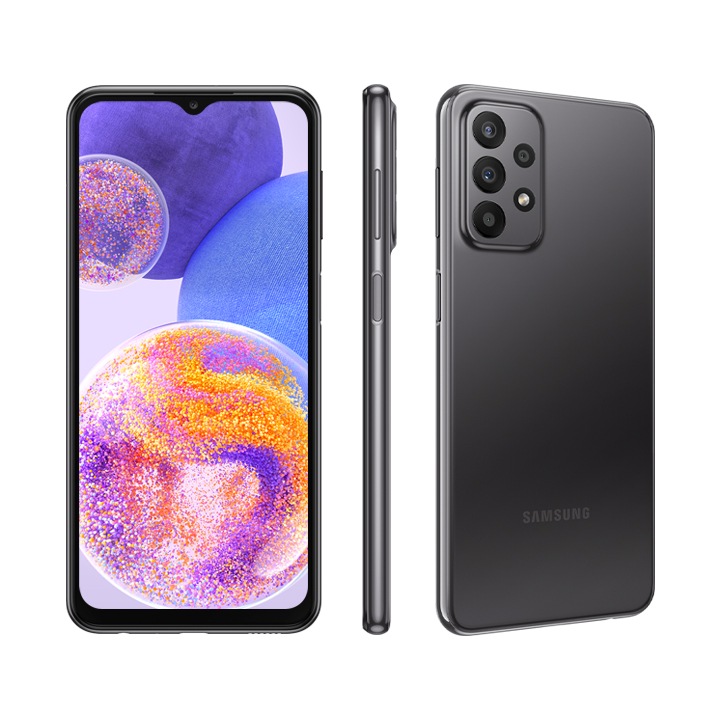 Trois appareils Black Galaxy A23 montrent l'avant, le côté et l'arrière de l'appareil. Sur l'écran de l'appareil situé à l'avant sur la gauche, des sphères colorées affichent la haute résolution de l'appareil.