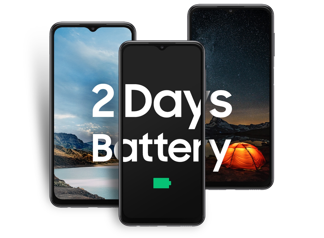 Le Galaxy A23 est placé entre deux images de paysage, la gauche montrant le paysage de la côte pendant la journée et la droite montrant le paysage des tentes et des montagnes la nuit. Le texte lit la batterie de 2 jours.