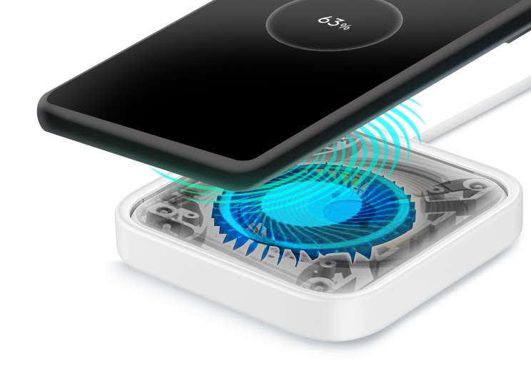 The Wireless Charger Pad has a built-in cooling system with a fan and charges your phone even faster with less power consumption than competing products.