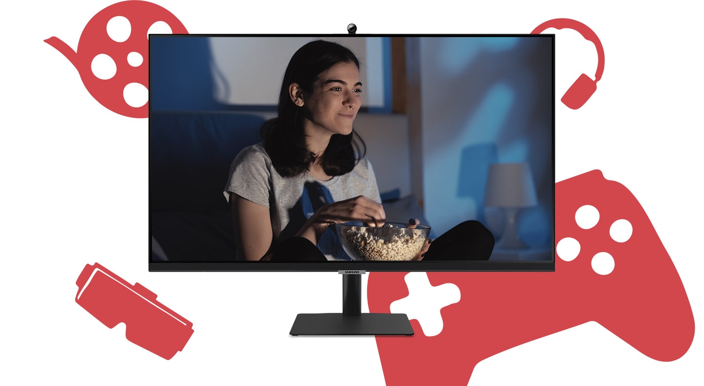 The monitor screen changes for three times. First is a video with a woman watching a video, and the next is of a woman working. The last one is a video call of a group. At the end, icons overlap over the monitor, and †Smart Monitor M7' text appears.