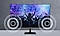 The frontside of a monitor is shown on top of a desk. Two circular icons representing the locations of the two built-in speakers pulsate on the bottom left and right sides of the monitor.