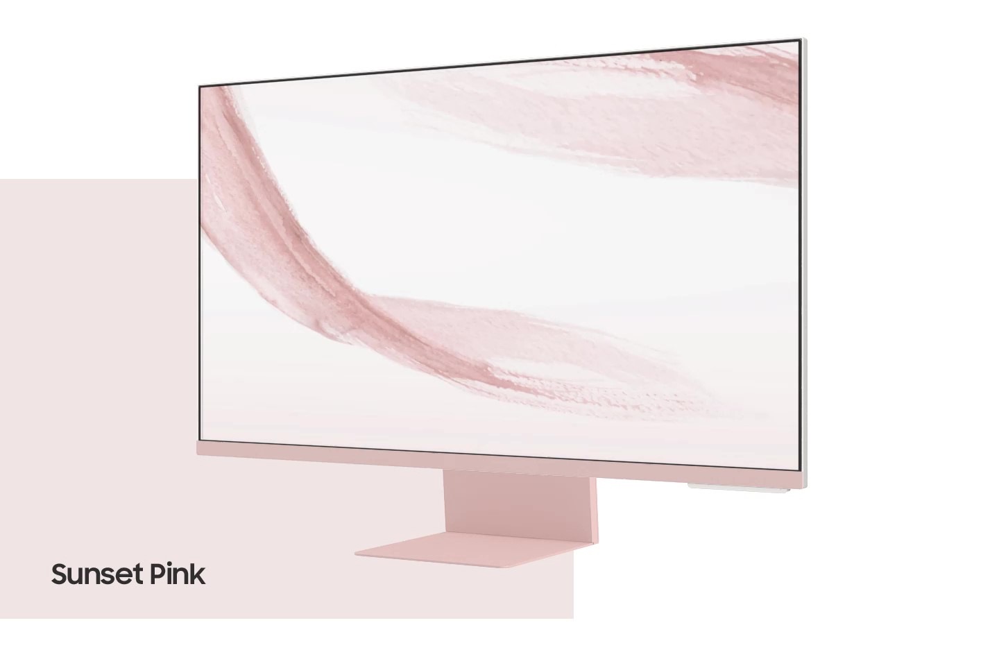 A monitor floats while spinning in 360-degree circles. As the monitor spins it changes colors. The text on the bottom left updates from "Sunset Pink" to "Spring Green" to "Daylight Blue" to "Warm White" as the colors change the.