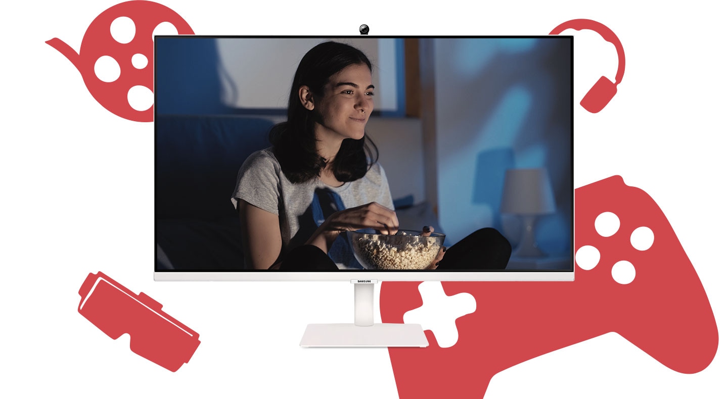 تتغير شاشة العرض ثلاث مرات.  الأول فيديو مع امرأة تشاهد مقطع فيديو ، والثاني هو لامرأة تعمل.  آخر واحد هو مكالمة فيديو لمجموعة.  في النهاية ، تتداخل الرموز فوق الشاشة ، ويظهر نص "Smart Monitor M7".