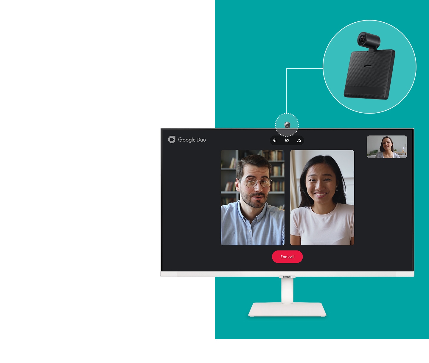 The monitor now has a circular camera attached to its top. On the screen shows the interface of the Google Duo chat application with three other users participating in a video call.