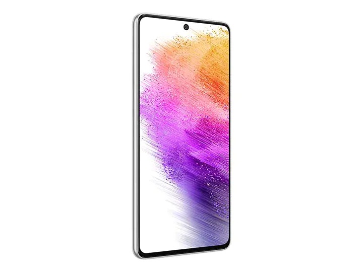 3. Galaxy A73 5G in Awesome White seen from the front with a colorful wallpaper onscreen. It spins slowly, showing the display, then the smooth rounded side of the phone with the SIM tray, then the matte finish and the minimal camera housing on the rear and comes to a stop at the front view again.