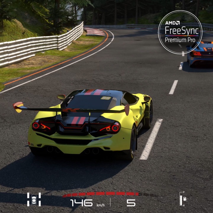 During in-game gameplay of race car game, a zoom-in call out graphic magnifies the corner of the race car, and the words †Screen Tearing' appear. There is a comparison between before AMD FreeSync Premium Pro is applied and after on a split screen.