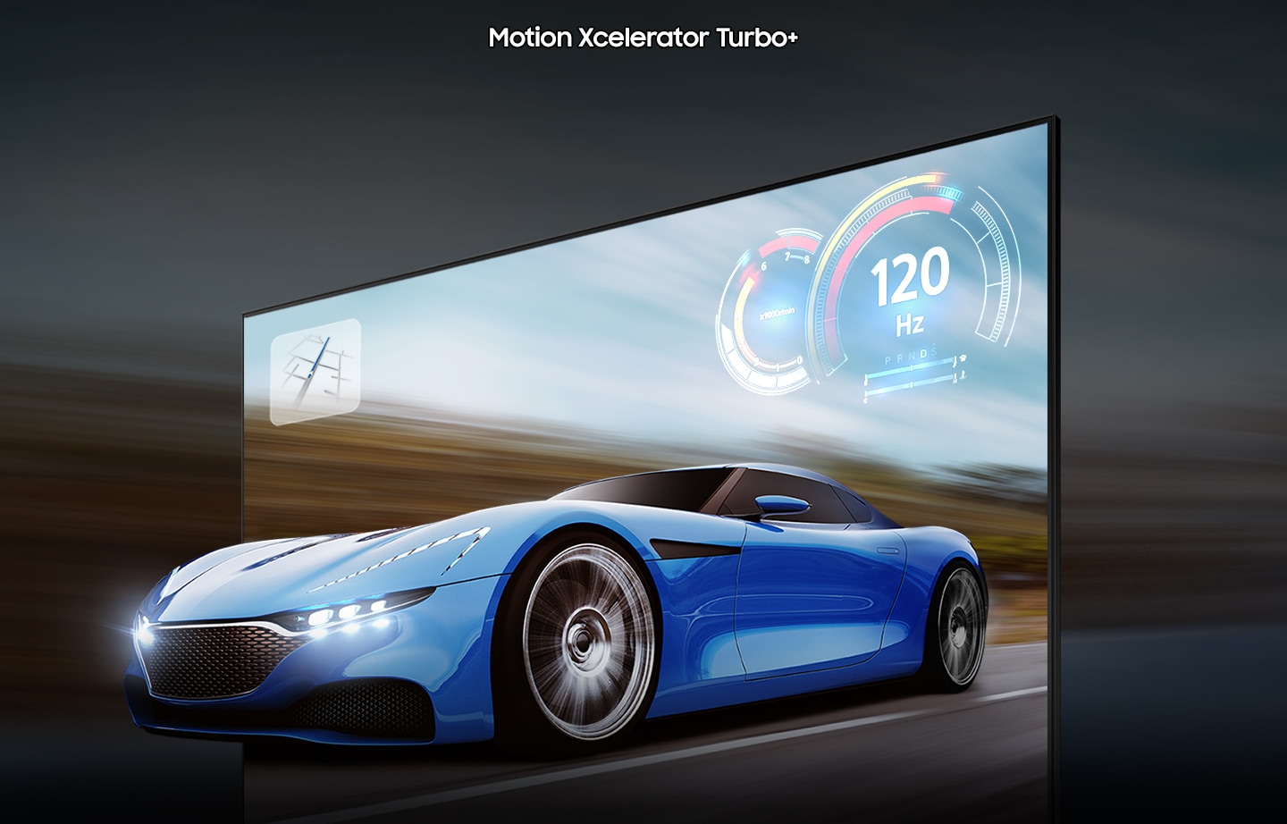 A racing car on the TV screen looks clearer and more visible on the QLED TV than on conventional TV due to motion xcelerator turbo+ technology.