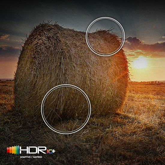 The sun is setting over a prairie showing a wide contrast by the Quantum HDR technology. The HDR10+ logo is on display. 