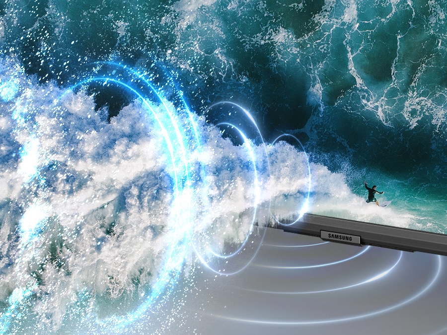 تُظهر رسومات الموجات الصوتية المحاكاة تقنية صوت تتبع الكائنات لأنها تتبع راكب الأمواج عبر شاشة التلفزيون.