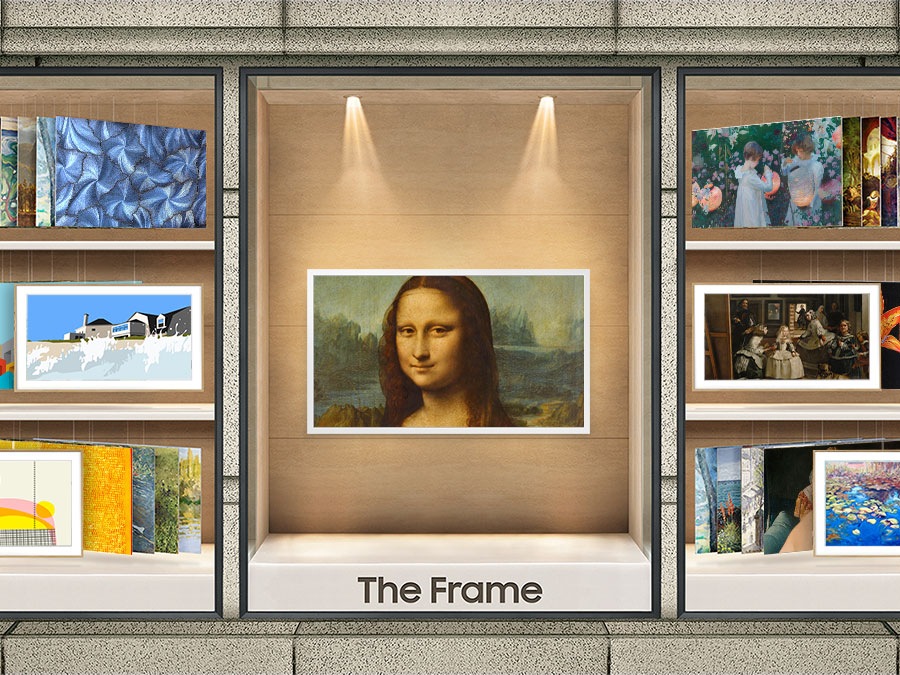 The Frame showing the Mona Lisa is displayed on a stand in the center. To its left and right, various art options found in the Art Store are displayed.