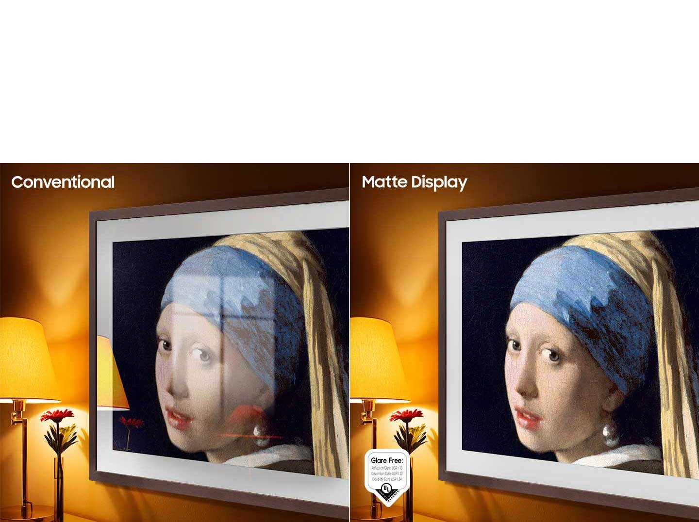 The Conventional screen displays artwork full of reflections. The Matte Display shows the same painting with no glare. The UL verified Glare Free logo is on display with Reflection Glare UGR<10, Discomfort Glare UGR<22, Disability Glare UGR<34.