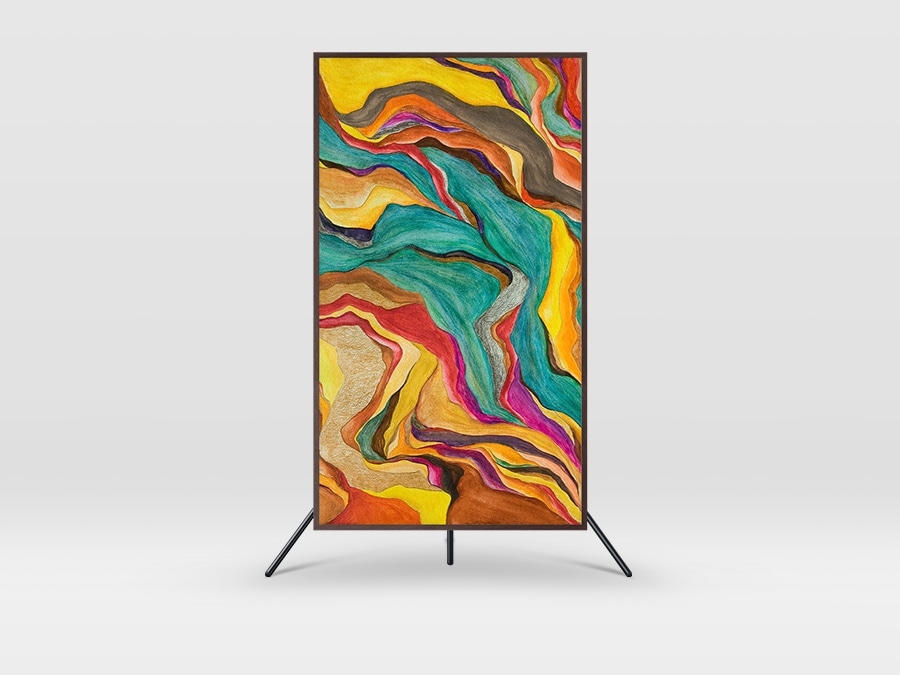 The Frame is on an Auto Rotating Stand showcasing an artwork and is rotated vertically.