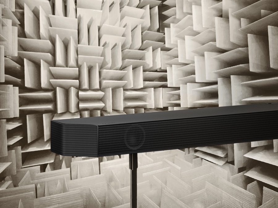Samsung Soundbar seen from the rear in an anechoic chamber used to test each aspect of the soundbar.