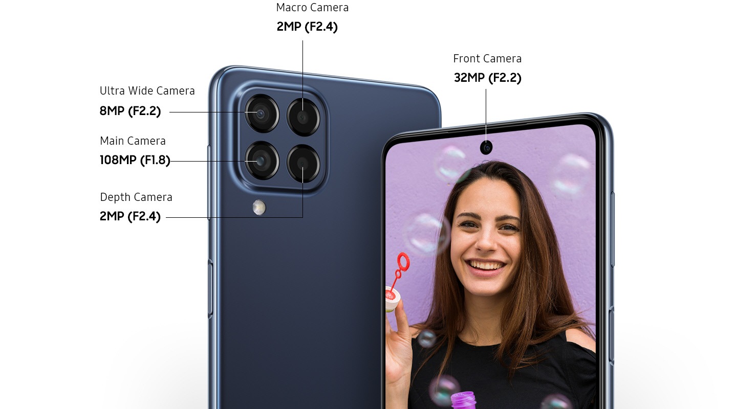 Two Galaxy M53 5G models, both in Blue, show the rear side and front side of the device. On the left, the rear side of the device shows the 2MP F2.4 Macro Camera, 8MP F2.2 Ultra Wide Camera, 108MP F1.8 Main Camera and the 2MP F2.4 Depth Camera. On the right, the front side of the device shows the 32MP F2.2 Front Camera and a picture displayed on the screen of a woman smiling with bubbles.