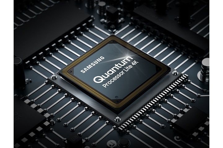 The QLED TV processor chip is shown. The Samsung logo as well as the AI Quantum Processor 4K logo can be seen on top.