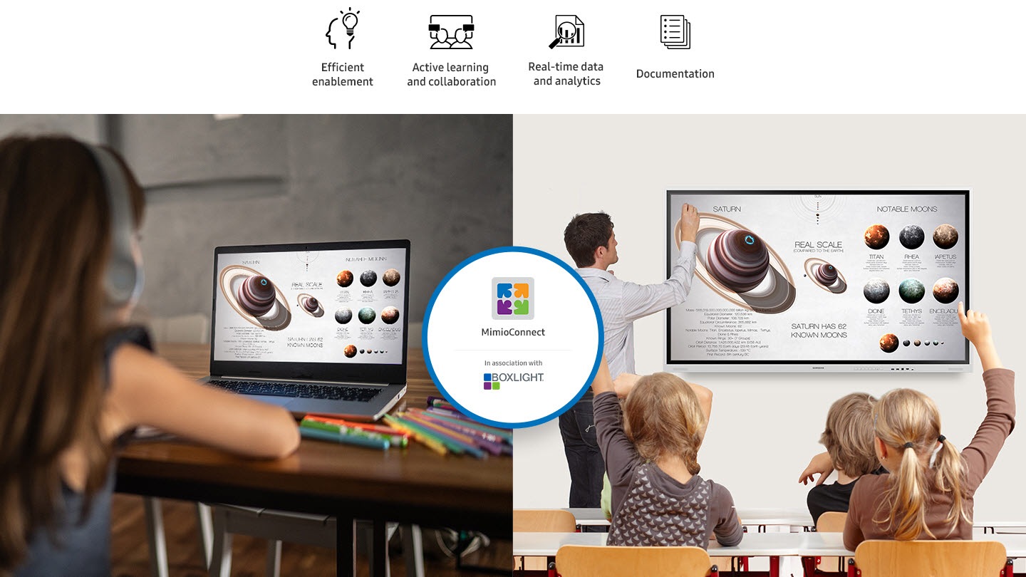 Conducting remote classes with the MimioConnect, in association with BOXLIGHT app, which supports efficient enablement, Active learning and collaboration, Real-time data and analytics, and Documentation functions.