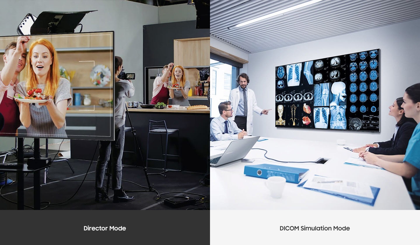 In Director Mode, the shooting scene on the set is sent directly to QBB. In DICOM Simulation Mode, medical personnel are having a meeting while looking at the X-ray images sent to the QBB.