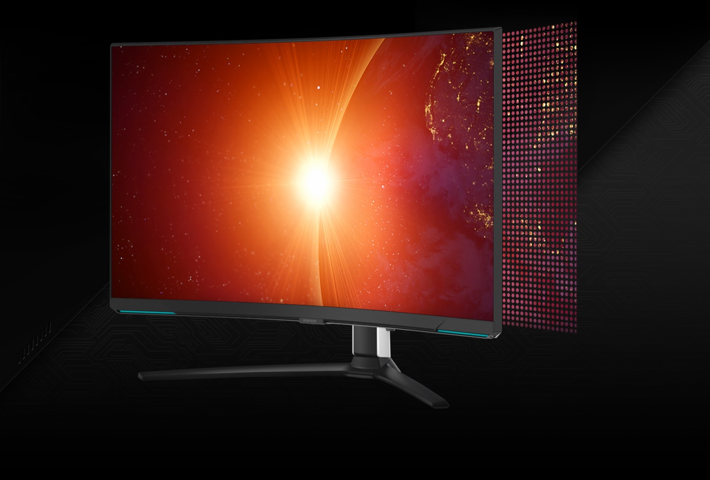 A video shows a split monitor screen with ""Edge LED"" on the left with a few large dots and ""Quantum Mini-LED"" on the right with many small dots. The left then shows ten local dimming zones and the right with 1,194. A shining star then appears on the screen as the monitor rotates to its left.