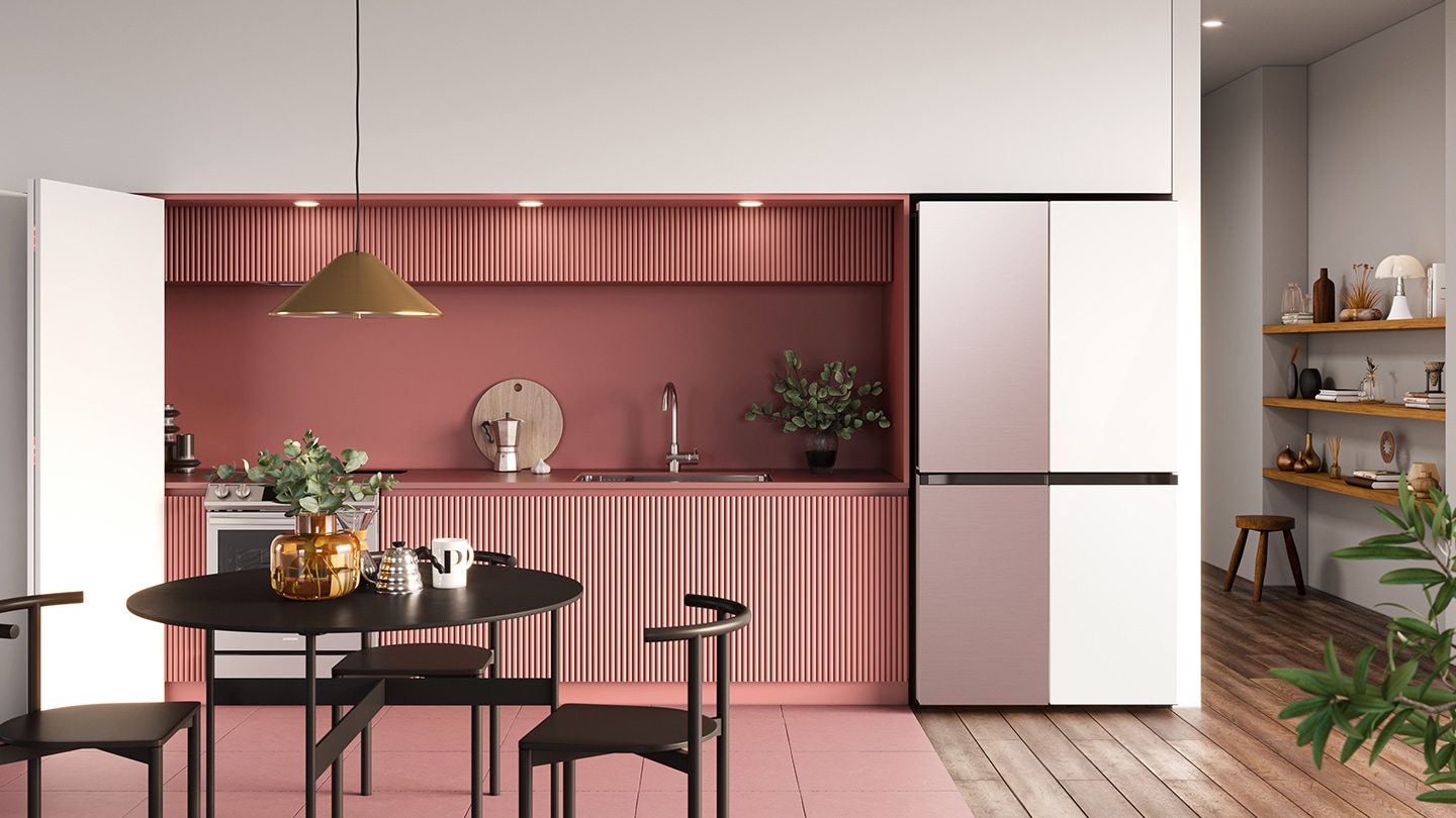 Placed in a stylish kitchen, the refrigerator has a two-tone finish that blends seamlessly with the tones of the room.