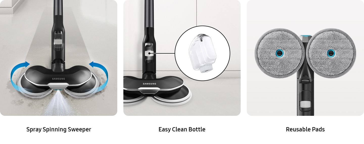 In the closeup of a Bespoke JET's spray spinning sweeper, the spray is in the front and one sweeper is rotating clockwise and the other sweeper rotating counterclockwise. Next to it are 2 closeups of the easy clean water bottle and reusable pads.