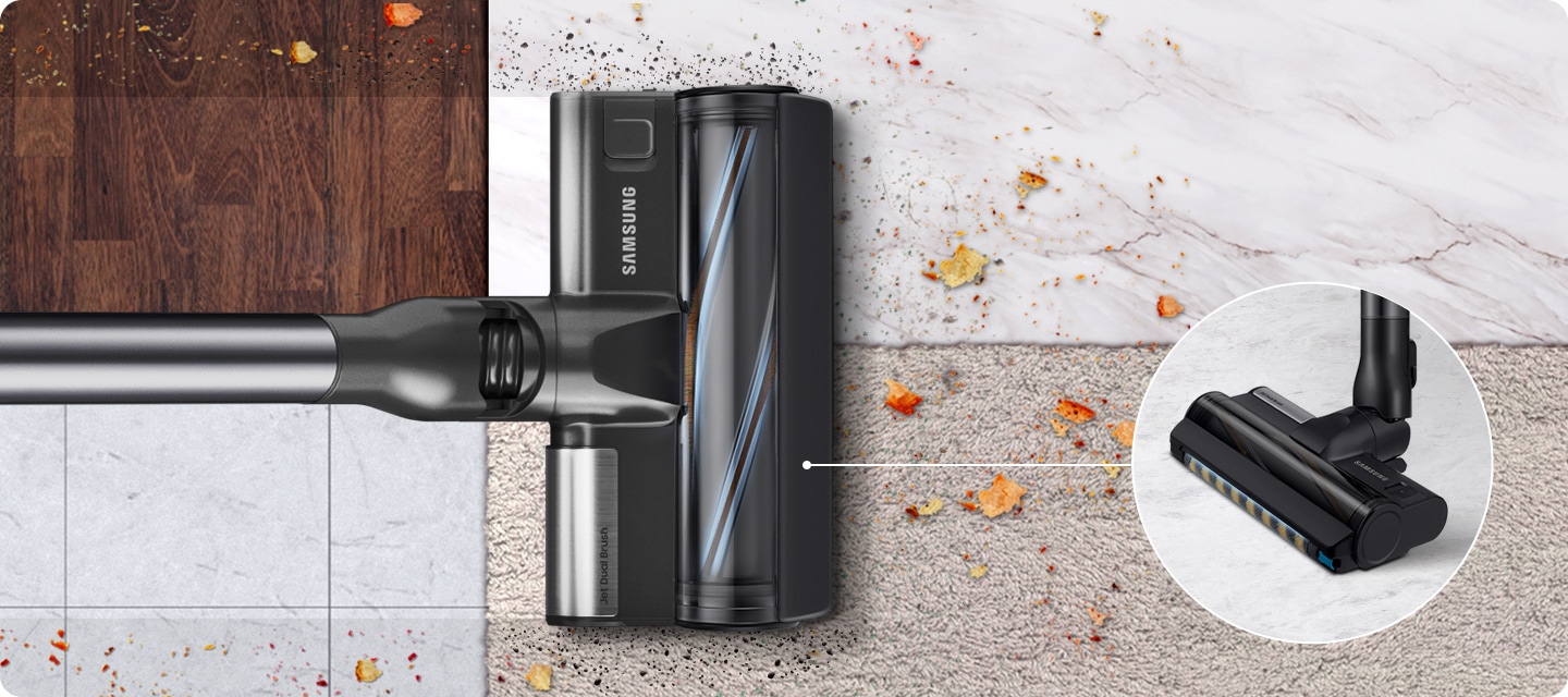 A Samsung Bespoke JET with a jet dual brush attachment cleans a surface with four different floor surfaces, each covered in dust and leaves: wood, tile, carpet, and marble. Next to it is a close up of the yellow and blue brush inside the vacuum cleaner.