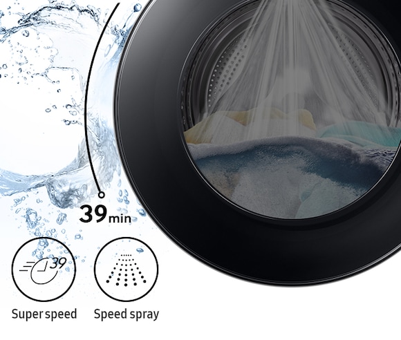 Towels and doll is in the drum and washing takes 39 minutes with the powerful speed spray.