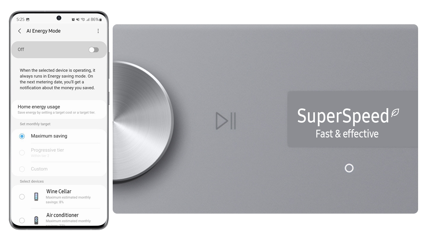 The AI ​​Energy Mode for Dryer is activated by checking the mode button to 'On' and selecting the device you want to run on your smartphone. After the cycle, the drying is complete with AI Energy Mode which saves 180 Wh (20%") of energy. Images shown are for illustration purpose.
