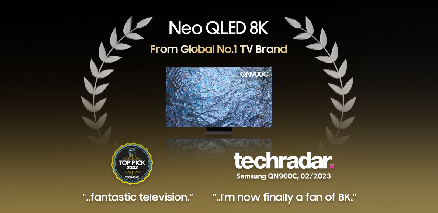 Samsung Neo QLED 8K QN900C with award logos that it has received from Techradar and TECHAERIS.