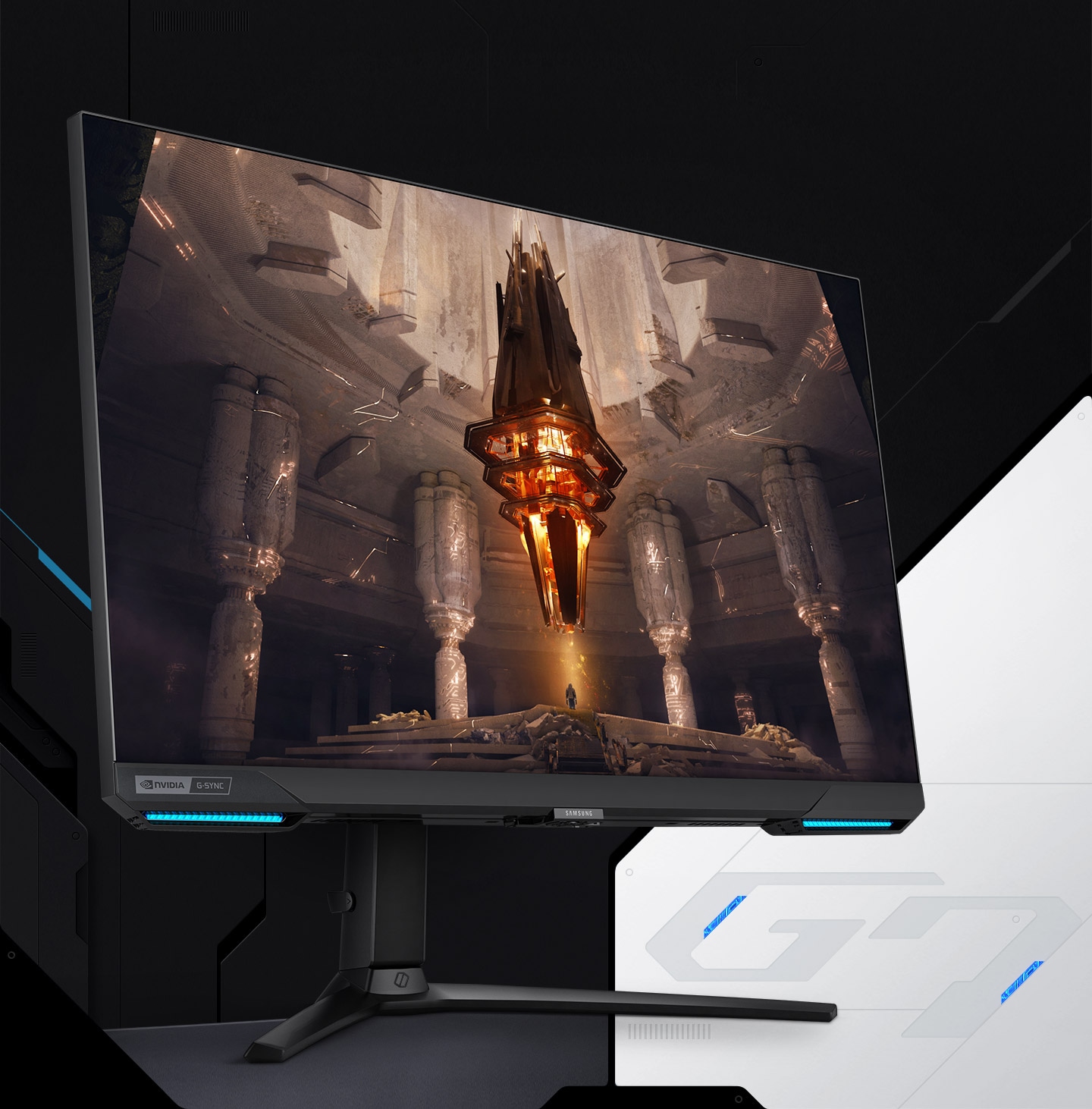 On the monitor display is a orange rocket ship with light emitting from its engine exhausts inside an underground cave. The rocket ship is set to launch out of the opening above, and surrounded by stone pillars and steps. \G7\ logo is placed on the right side of the monitor stand.